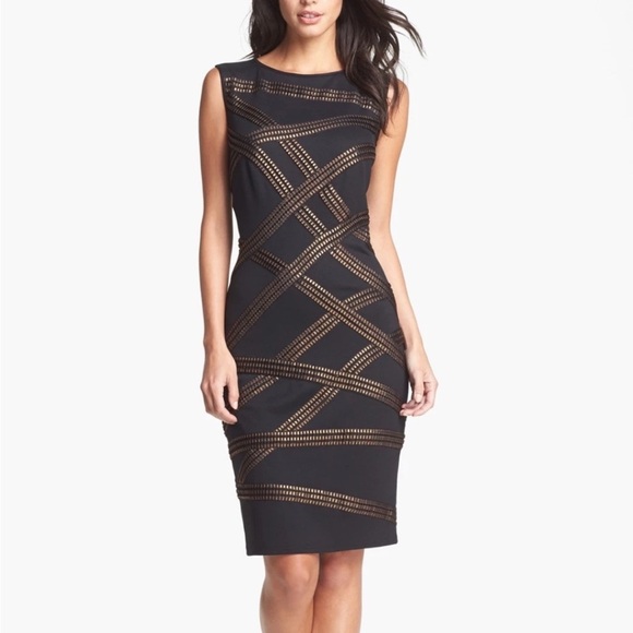 Tadashi Shoji Foil Print Banded Asymmetrical Detail Jersey Sheath Dress - Picture 1 of 8